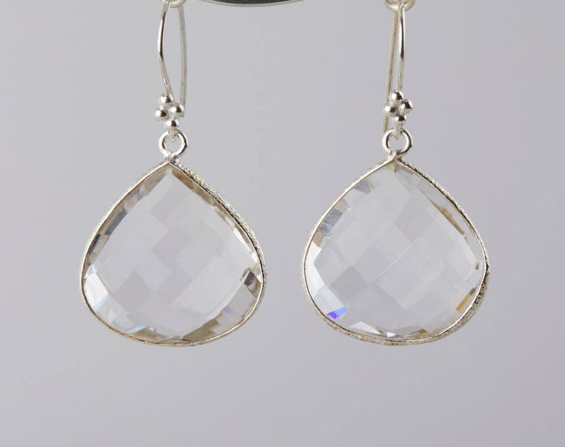 Large clear quartz earring,Large natural stone earring,big teardrop quartz earring,drop dangle earring,bezel set earring,custom jewelry card