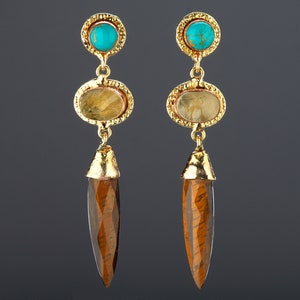Drie lagen lange tijgeroog oorbel met turquoise knop, lange tijgeriet staaf oorbel, lange druppel gemengde stenen oorbel, moederdagcadeau