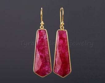 long deep red ruby tie shape earring,long drop dangle earring,July birth earring,red dress earrings,custom jewelry card