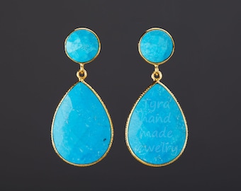 Two tier large turquoise dangle earring,turquoise post earrings,long dangle drop,faceted turquoise,December birthday gift,mother gift
