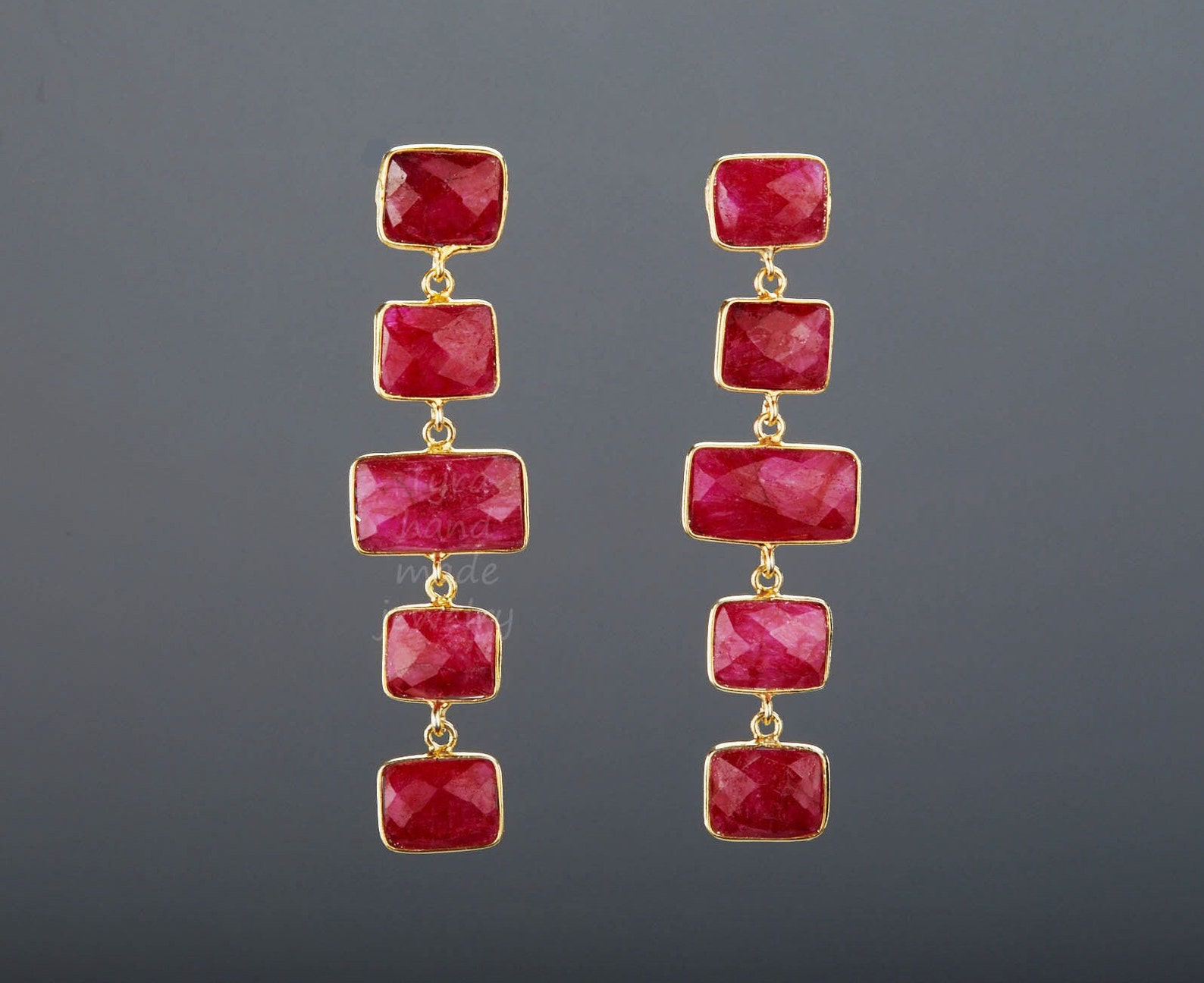 Five Tier Ruby Earring,long Dangle Ruby Earring,square Ruby String,deep ...