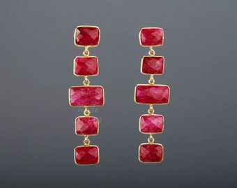 Five tier ruby earring,Long dangle ruby earring,square ruby string,deep red earring,July birthday gift,Mother's Day gift,anniversary gift