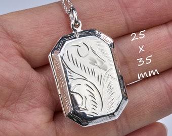 Very large sterling silver rectangle locket with photo,Antique Victorian etched palm box locket,memorial locket,mother gift,anniversary gift