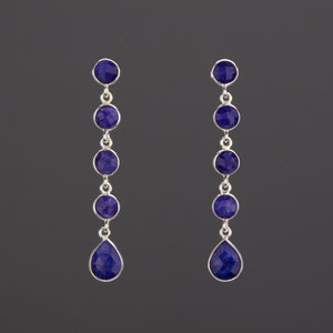 5 tier sapphire earring,five sapphire bead earring,deep blue earring,long drop sapphire,dangle swing earring,Sept birthday gift,mother gift,