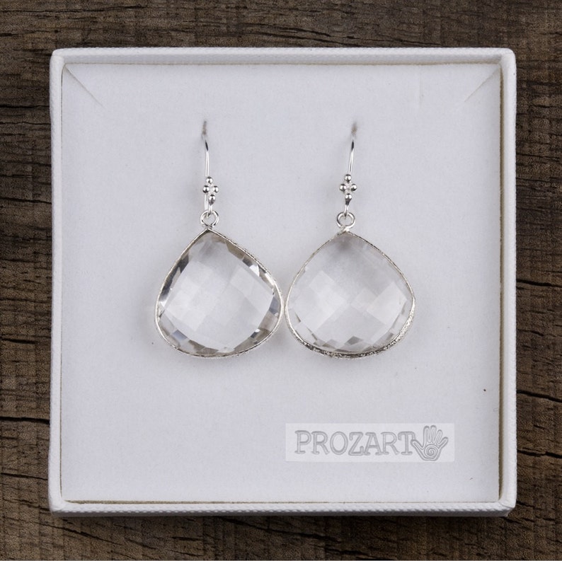 Large clear quartz earring,Large natural stone earring,big teardrop quartz earring,drop dangle earring,bezel set earring,custom jewelry card