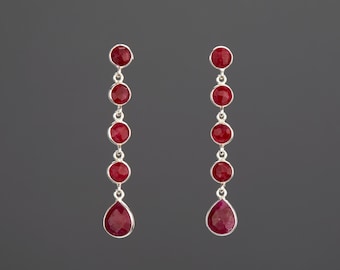 Five ruby bead earring,dangle swing ruby earring,round ruby string,long drop ruby earring,deep red earring,July birthday gift,mother gift