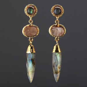 Three tier labradorite earring with rough rose quartz middle button,long spike labradorite earring,long drop mixed stone earring,custom note