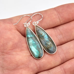 pendientes largos de labradorita en forma de lágrima, plata u oro, pendiente de piedra de la naturaleza real, pendiente largo de labradorita colgante con forma de pera, regalo de cumpleaños