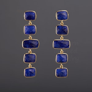 Orecchino in zaffiro a 5 livelli, catena in pietra zaffiro, orecchino blu intenso, orecchino in zaffiro a goccia lunga penzoloni, regalo di compleanno settembre, regalo per la festa della mamma,