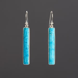 Long slender turquoise bar earring,long rectangle drop earring,thin bar turquoise,bezeled stone,December birthday earring,mother gift