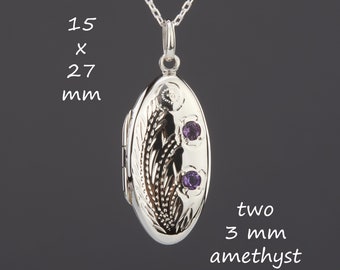 Two amethyst oblong sterling silver locket with photo,purple quartz on long oval locket,etched Flower locket,memorial locket,Feb birth gift