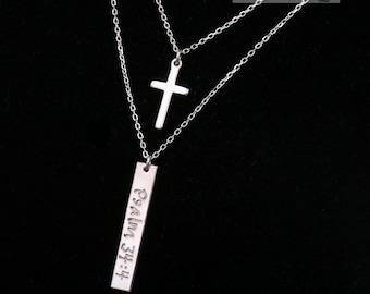 Double layer cross bar necklace,Custom engraved bar,date name place bar,faith jewelry,confirmation gift,bible verse bar,godmother gift