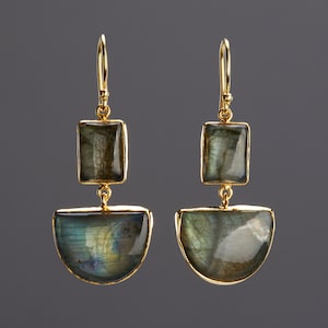 Orecchino labradorite con geometria mix a due livelli, grande labradorite rettangolare reale, orecchino pendente a goccia tonalità blu, regalo di compleanno, carta di gioielli personalizzati