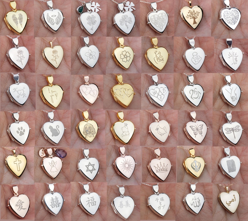 May include: A collection of heart-shaped lockets in gold, silver, and rose gold tones, each featuring unique laser-engraved designs including floral patterns, animals, religious symbols, script text, and various cultural characters on the front.