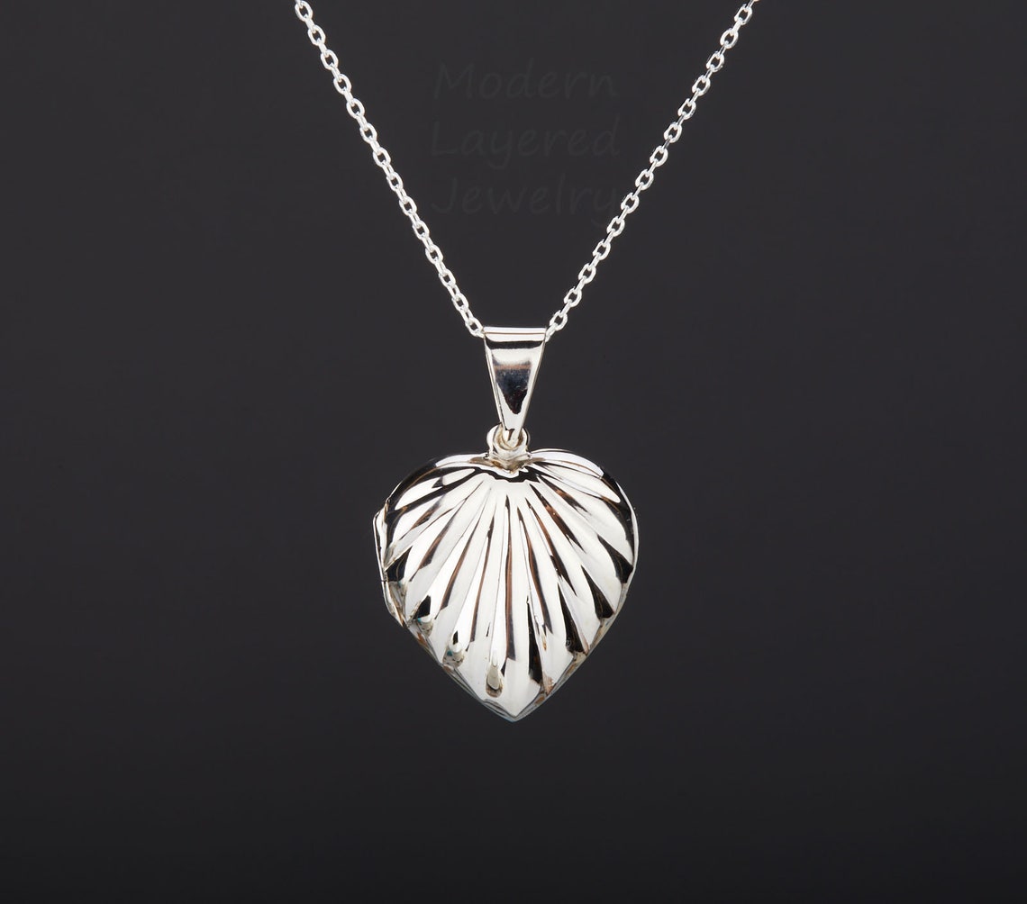 Fluted Heart Locket Necklace With Photosterling Silver Heart Etsy
