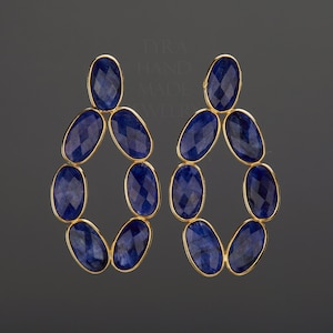 Große ovale Saphir Reifen Ohrring, Saphir Kreis Ohrring, lange Tropfen Saphir, tief blau Saphir, blaues Kleid Ohrring, Sept Geburtstag Ohrring