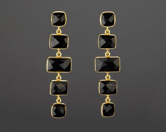 Fünf Tier schwarze Onyx Ohrring, lange Baumeln schwarze Onyx Ohrring, quadratische schwarze Onyx Kette, Geburtstagsgeschenk, Mutter Geschenk, Jahrestag Geschenk
