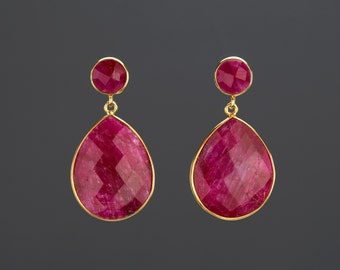 Two tier ruby earring,two ruby round pear earring,large ruby earring,drop dangle earring,July birthday gift,custom jewelry card