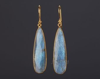 long labradorite earring,Real labradorite earring,gold bezel nature stone earring,long drop dangle earring,birthday gift,custom jewelry card