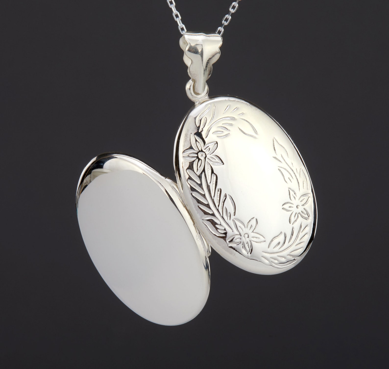 Large Oval Sterling Silver Photo Locket With Stamped Flowers,custom ...
