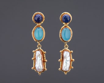 three tier baroque pearl earring with lapis lazuli and peru chalcedony top posts,baroque pearl bar earring,long drop mixed stone earring