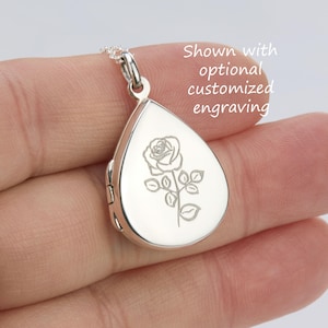 Engraved waterdrop locket Necklace with photo,sterling silver teardrop locket,memorial necklace,,mothers day gift,anniversary gift
