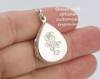 Engraved waterdrop locket Necklace with photo,sterling silver teardrop locket,memorial necklace,,mothers day gift,anniversary gift