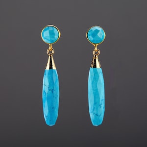 Brinco pendente de turquesa com haste longa de duas camadas, brinco de turquesa, pingente longo, turquesa facetada, presente de aniversário de dezembro, presente para mães