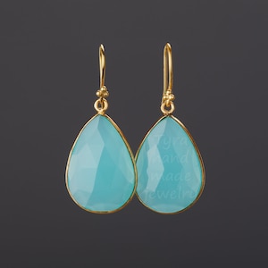 Grande boucle d'oreille en calcédoine écume de mer, boucle d'oreille en calcédoine bleu aqua en forme de poire, grande boucle d'oreille pendante en pierre précieuse, cadeau d'anniversaire, cadeau de fête des mères
