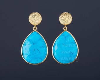 Two tier turquoise dangle earring,gold disc top post,large pear turquoise,faceted turquoise,December birthday gift,mother gift,best friend