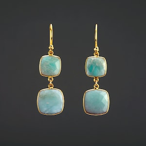 Orecchino di amazzonite quadrato imbottito a due livelli, orecchini di amazzonite strutturati pendenti lunghi, orecchino di giada amazzonica, orecchino di pietra curativa, regalo madre