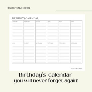 Könnte beinhalten: Ein druckbarer Geburtstagskalender in Schwarzweiß. Der Kalender ist in 12 Monate unterteilt, wobei jeder Monat mehrere Zeilen zum Schreiben von Namen hat. Der Text "Birthdays Calendar" befindet sich oben auf der Seite, und der Text "Birthday's calendar you will never forget again!" befindet sich unten auf der Seite.