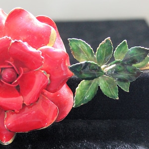 Magnificent Original By Robert Long Stem Ruby Red Enameled Rose Brooch/Pin Vintage 1960