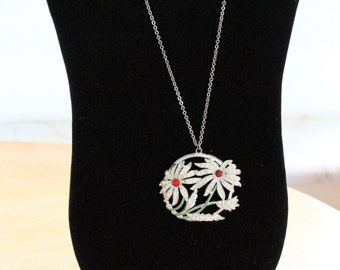 Vintage 1940 Floral Rhinestone and Enamel Pendant Necklace