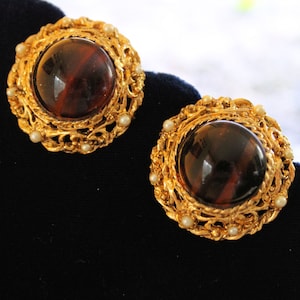 Vintage 1970 Hobe Gold Rope Earrings With Pearl Detail
