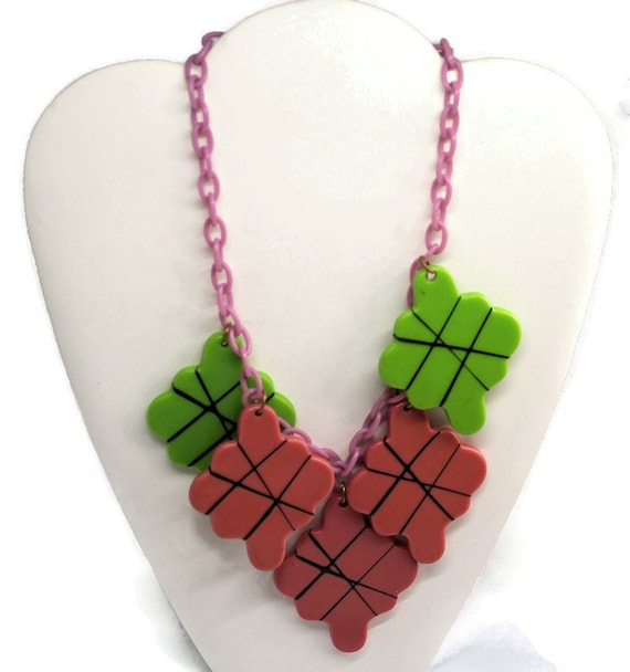 Vintage Pink and Neon Green Disk Necklace