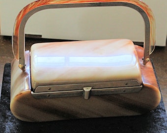Circa 1950s Vintage Carmel Colored Lucite Box Purse