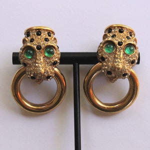 Vintage Ciner Leopard Door-Knocker Rhinestone Earrings