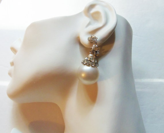 Faux Pearl and Rhinestone Drop Earrings Vintage 1… - image 2