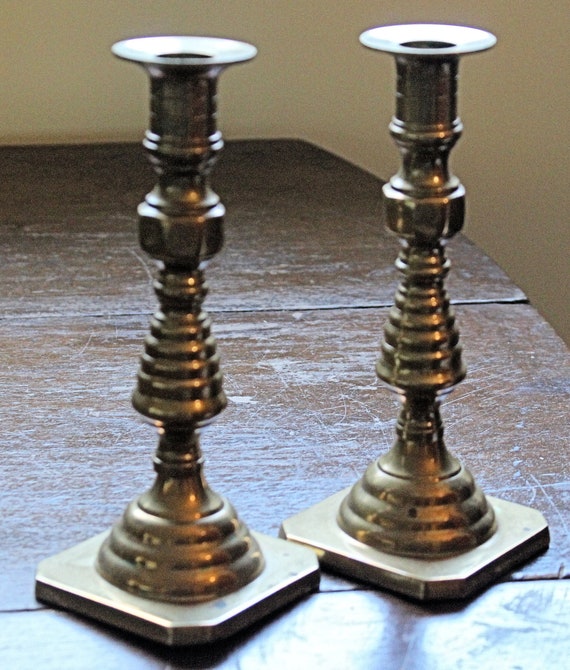 Pair of Vintage Brass Candle Sticks With Square Base Beehive