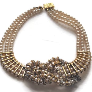 Vintage 1980 Gold Pearl Choker Knot Design Necklace  Bridal Necklace Prom Pearl Necklace Rhinestone Necklace Bib Necklace