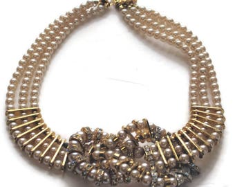 Vintage 1980 Gold Pearl Choker Knot Design Necklace  Bridal Necklace Prom Pearl Necklace Rhinestone Necklace Bib Necklace
