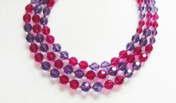 Classic 1950 Triple Strand Pink And Lavender Glas… - image 2