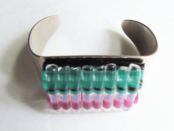 Vintage 1970s Steel Art Glass Cuff Bracelet: Rain… - image 4