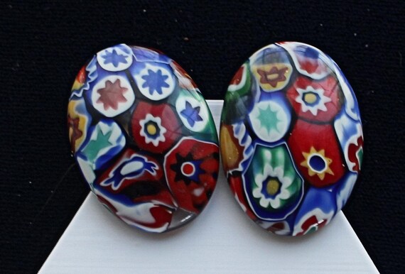 Vintage  Italian Millefiori Glass Clip Earrings  Murano Art Glass
