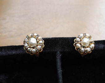 Miriam Haskell Gold Gilt And Faux Pearl Button Clip Earrings