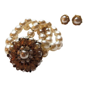 1960s Miriam Haskell Faux Pearl Bracelet & Rhinestone Earrings