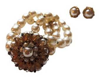 1960's Miriam Haskell Faux Baroque Pearl And Rhinestone 3 Strand Bracelet And Faux Pearl Earrings