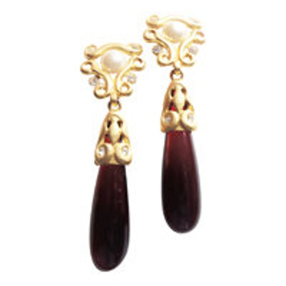 Craft Red Drop Statement Earrings Vintage 1980 Di… - image 1