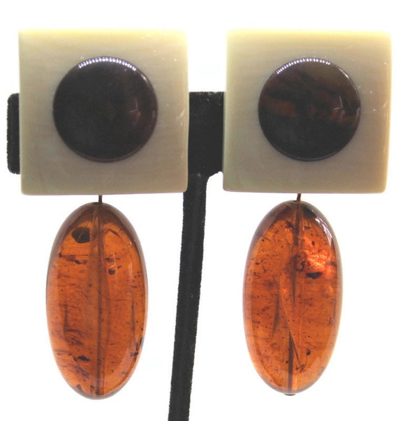 Boucles D'oreilles Anciennes En Bakélite Imitation écaille De Tortue - Marron Acajou Marbré, Clips, TBE